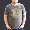 A dark grey stonewashed cotton t-shirt with a detailed gold mandala design centered on the chest in XL size