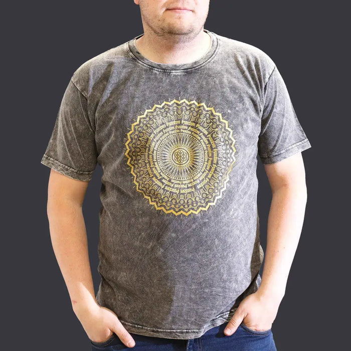 A dark grey stonewashed cotton t-shirt with a detailed gold mandala design centered on the chest in XL size