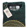Dark green stonewashed cotton men’s t-shirt with gold geometric mandala design and nomad sari branding in medium size
