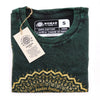 Stonewashed cotton dark green men’s t-shirt with gold mandala design and freedom text on the bottom in small size
