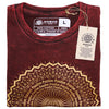 Maroon stonewashed cotton men’s t-shirt with gold mandala and freedom text featuring nomad sari tag in large size