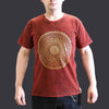 Maroon stonewashed cotton t-shirt with a gold mandala design featuring the word freedom around the circle
