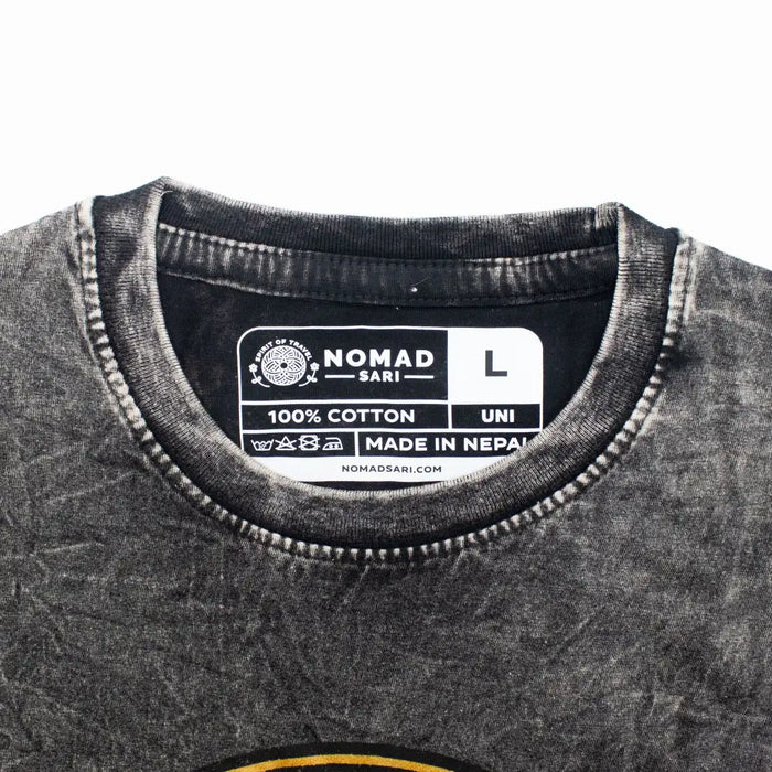 Black distressed stonewashed cotton t-shirt with faded look and nomad sari label in collar charcoal large size
