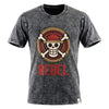 Dark gray stonewashed cotton t-shirt with a skull emblem wearing a red hat and bold rebel print in red charcoal large