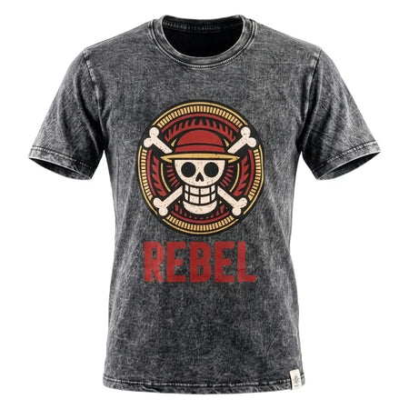 Dark gray stonewashed cotton t-shirt with a skull emblem wearing a red hat and bold rebel print in red charcoal large
