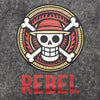 Charcoal stonewashed cotton t-shirt with a distressed straw hat pirates logo and bold red rebel lettering in medium size