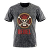 A dark gray stonewashed cotton t-shirt with a skull emblem wearing a red hat and rebel printed in bold red letters
