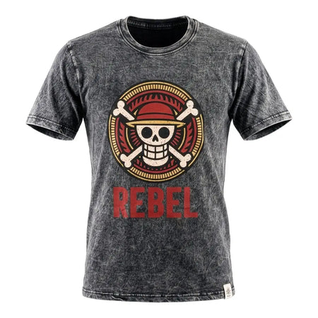 A dark gray stonewashed cotton t-shirt with a skull emblem wearing a red hat and rebel printed in bold red letters