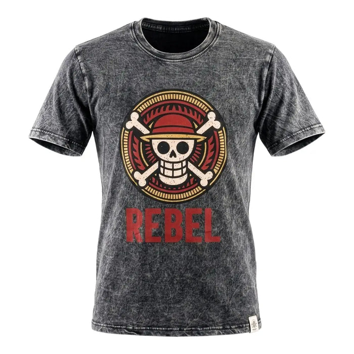 A dark gray stonewashed cotton t-shirt with a skull emblem wearing a red hat and rebel printed in bold red letters