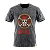 Dark gray stonewashed cotton t-shirt with a skull emblem wearing a red hat and rebel in bold red letters charcoal small
