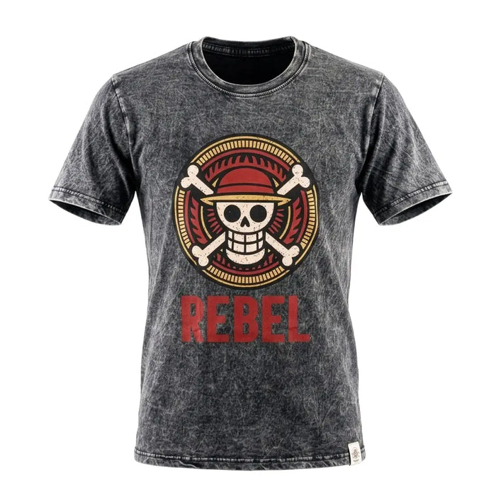 Dark gray stonewashed cotton t-shirt with a skull emblem wearing a red hat and rebel in bold red letters charcoal small
