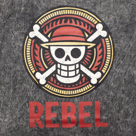 Stonewashed cotton charcoal gray t-shirt with a distressed one piece straw hat pirates logo and red rebel lettering