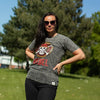 Gray distressed stonewashed cotton t-shirt with red and white skull and bones graphic and rebel text in red below it