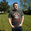 Dark gray stonewashed cotton t-shirt with distressed look featuring a skull emblem and bold red rebel print charcoal xl