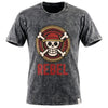 A charcoal stonewashed cotton t shirt with a skull emblem wearing a red hat and the word rebel in bold red letters