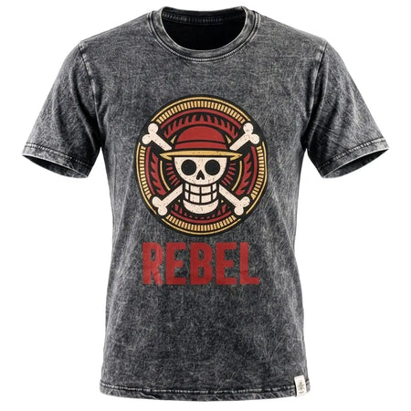 A charcoal stonewashed cotton t shirt with a skull emblem wearing a red hat and the word rebel in bold red letters