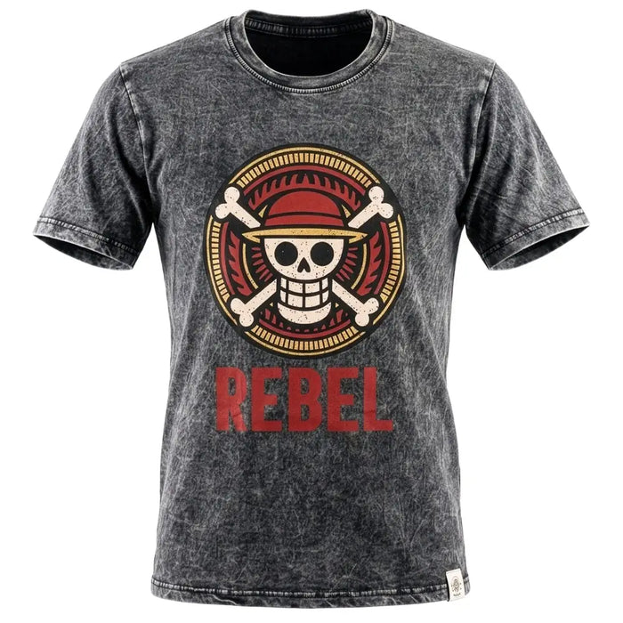 A charcoal stonewashed cotton t shirt with a skull emblem wearing a red hat and the word rebel in bold red letters