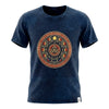 Dark blue stonewashed cotton t-shirt with distressed look and orange mystical moon phases for stay wild moon style