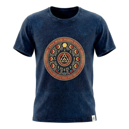 Dark blue stonewashed cotton t-shirt with distressed look and orange mystical moon phases for stay wild moon style