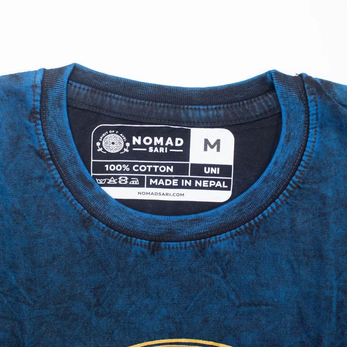 Blue stonewashed cotton t-shirt with tie-dye pattern and black ribbed collar from stay wild moon child collection