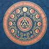 A stonewashed cotton t-shirt in blue with a circular stay wild moon child design in gold lettering around it