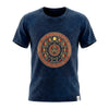 Dark blue stonewashed cotton t-shirt with distressed look featuring stay wild moon child design and moon phases circle