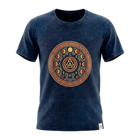 Dark blue stonewashed cotton t-shirt with distressed look featuring stay wild moon child design and moon phases circle