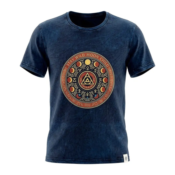 Dark blue stonewashed cotton t-shirt with distressed look featuring stay wild moon child design and moon phases circle