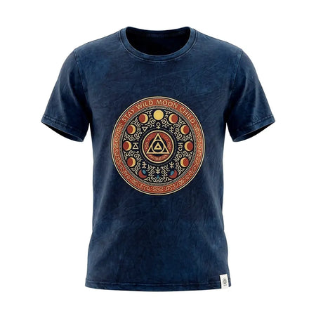 Dark blue stonewashed cotton t-shirt with short sleeves featuring a stay wild moon child design and moon phases circle
