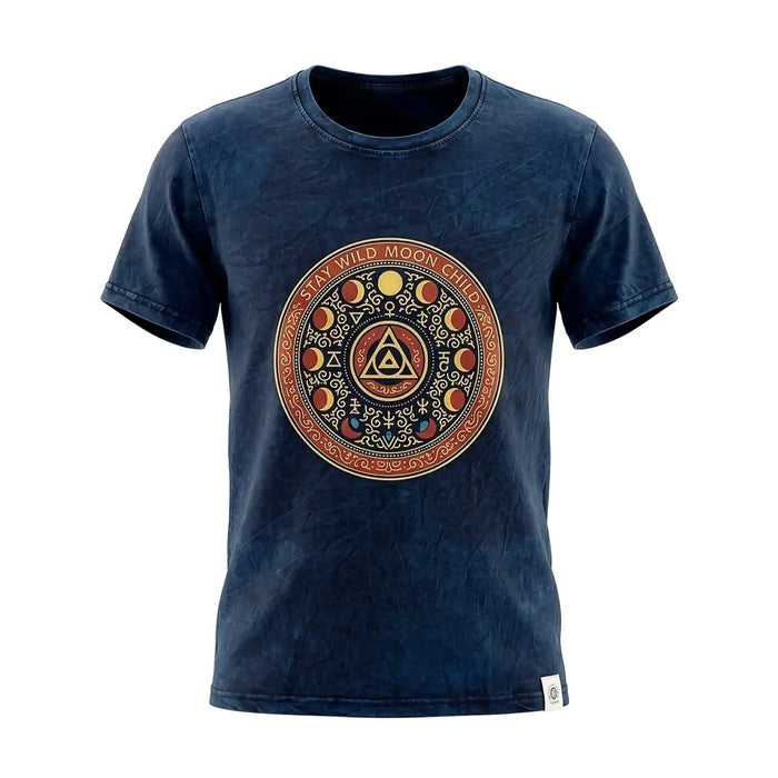 Dark blue stonewashed cotton t-shirt with short sleeves featuring a stay wild moon child design and moon phases circle
