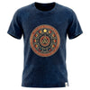 Dark blue stonewashed cotton t-shirt with distressed look and orange moon design for stay wild moon child fans xl