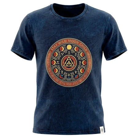 Dark blue stonewashed cotton t-shirt with distressed look and orange moon design for stay wild moon child fans xl