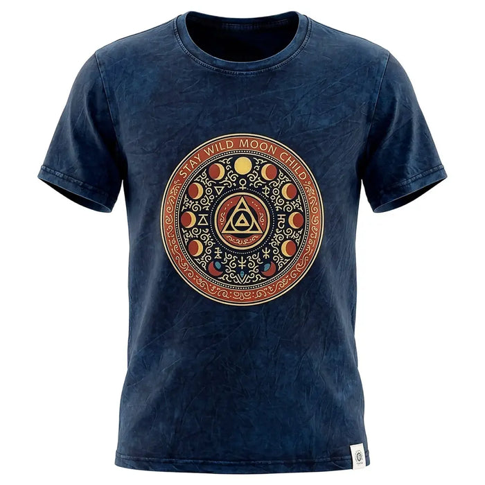 Dark blue stonewashed cotton t-shirt with distressed look and orange moon design for stay wild moon child fans xl