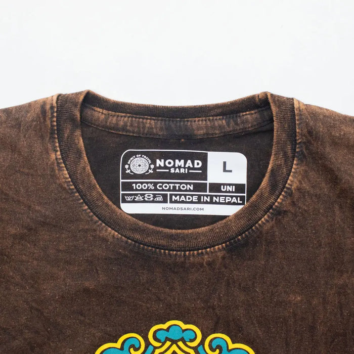 Brown stonewashed cotton t-shirt with a colorful embroidered sun and zodiac design at the bottom hem in large size