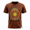 Brown stonewashed cotton t-shirt with a vibrant sun and zodiac circle design in yellow red teal and gold, large size