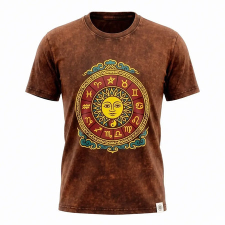 Brown stonewashed cotton t-shirt with a vibrant sun and zodiac circle design in yellow red teal and gold, large size