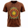Brown stonewashed cotton t-shirt with vintage sun face zodiac design and gold teal astrological symbols xl size