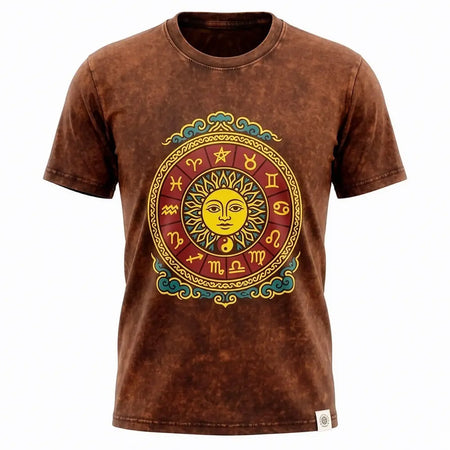 Brown stonewashed cotton t-shirt with vintage sun face zodiac design and gold teal astrological symbols xl size