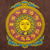 Stonewashed cotton t shirt in brown with vibrant zodiac wheel tapestry featuring sun face and astrological symbols