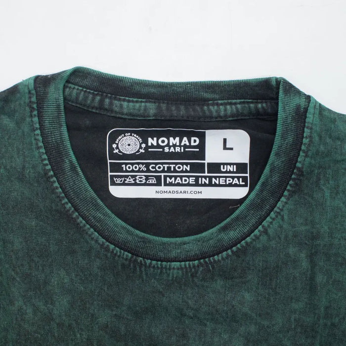 Dark green stonewashed cotton t-shirt with faded texture and black ribbed crew neck in large size