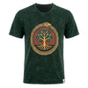 Dark green stonewashed cotton t-shirt with a circular ouroboros snake and tree of life design in teal and gold
