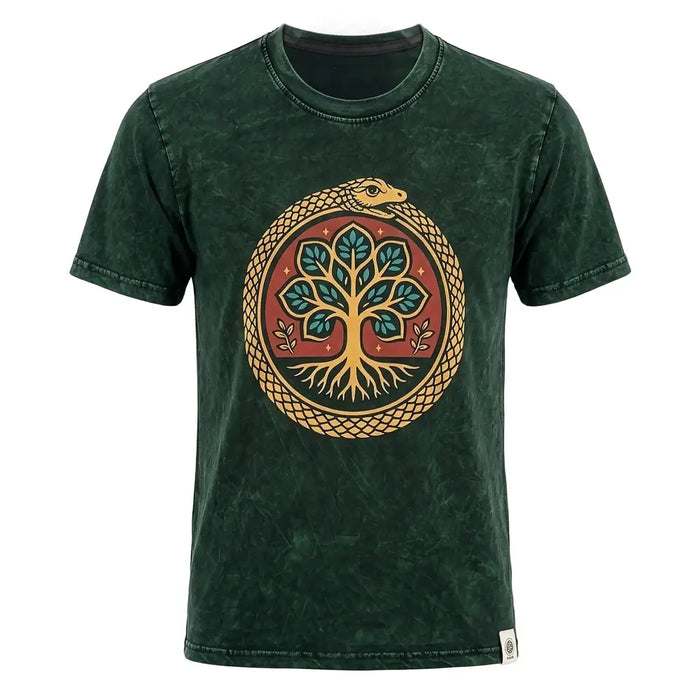 Dark green stonewashed cotton t-shirt with a circular ouroboros snake and tree of life design in teal and gold