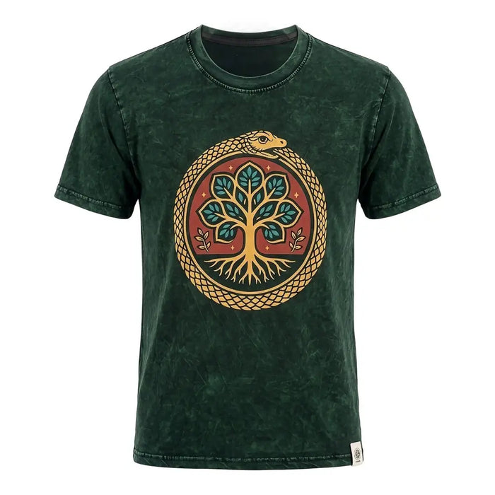Dark green stonewashed cotton t-shirt with a circular ouroboros snake and tree of life design in teal and gold on red background