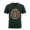 Dark green stonewashed cotton t-shirt with a golden snake coiled around a teal and red tree of life design small size