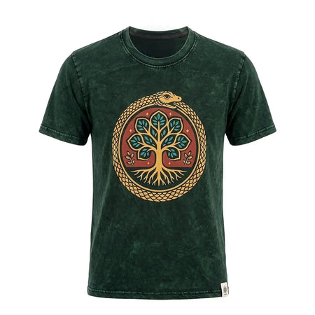Dark green stonewashed cotton t-shirt with a golden snake coiled around a teal and red tree of life design small size
