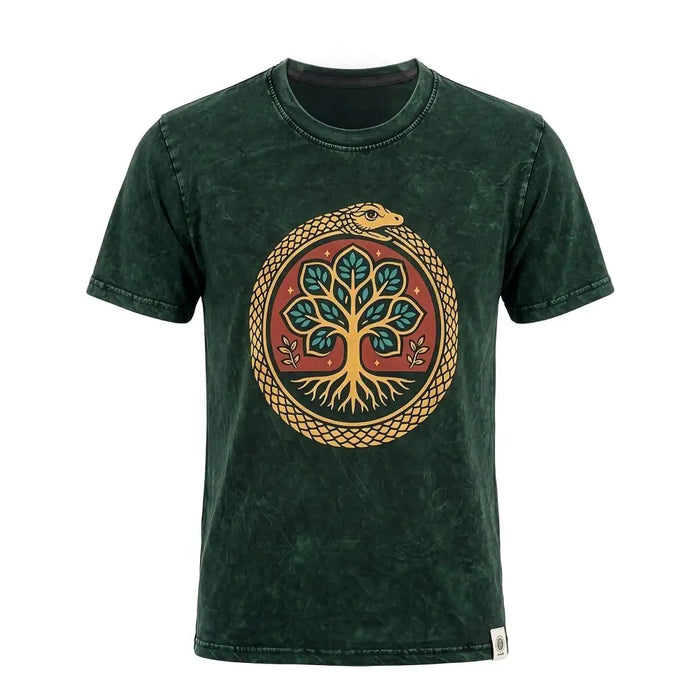 Dark green stonewashed cotton t-shirt with a golden snake coiled around a teal and red tree of life design small size