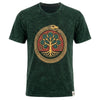 Dark green stonewashed cotton t-shirt with circular ouroboros snake and tree of life design in teal and gold on red background