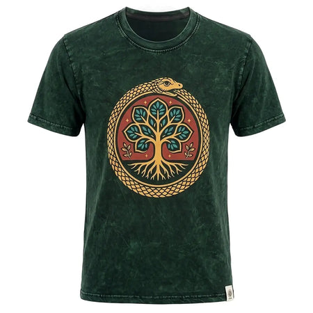 Dark green stonewashed cotton t-shirt with circular ouroboros snake and tree of life design in teal and gold on red background