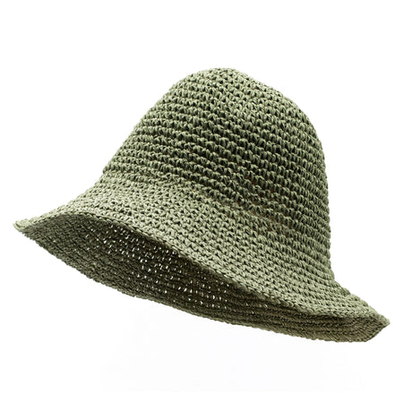 Olive green woven straw sun hat with bucket style made from natural straw for sun protection in moss green shade