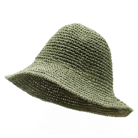 Olive green woven straw sun hat with bucket style made from natural straw for sun protection in moss green shade
